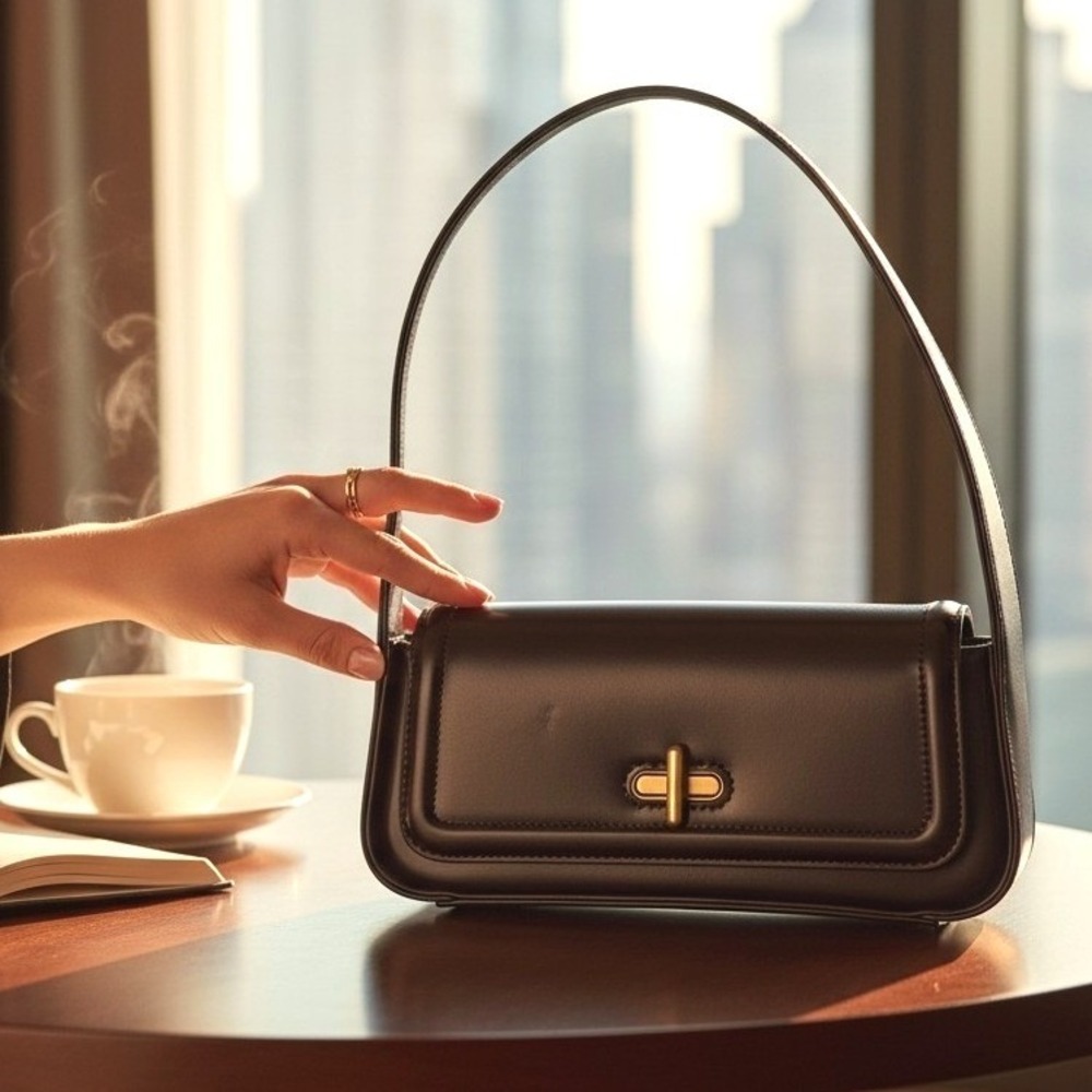 Rachel Zoe Espresso Brown‎ Baguette Shoulder Bag Gold Turn Lock Minimalist Bag